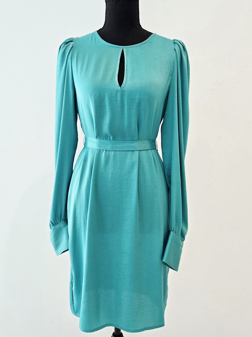 BCBGMAXAZRIA Teal Satin Long Sleeve Keyhole Belted Dress XS